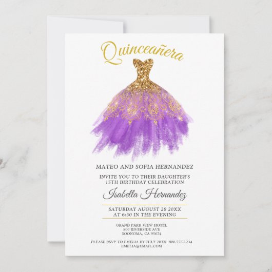Quineanera Gold Glitter Paarse Partij Kaart (Voorkant)