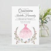 Quineanera Gown Dress Floral Pink Kaart (Staand voorkant)