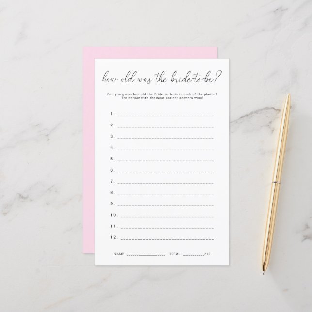 Quinn Hoe oud was het bruidsspel Guess Kaart (Voorkant / Achterkant in situ)