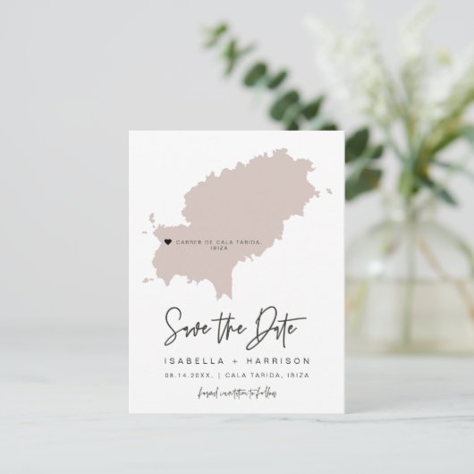 QUINN Ibiza Map Save the Date (beweegbaar hart!) Briefkaart (Staand voorkant)