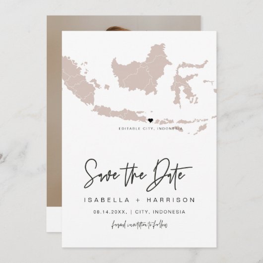 QUINN INDONESIA Blush Pink Map Photo Save the Date Kaart (Voorkant / Achterkant)
