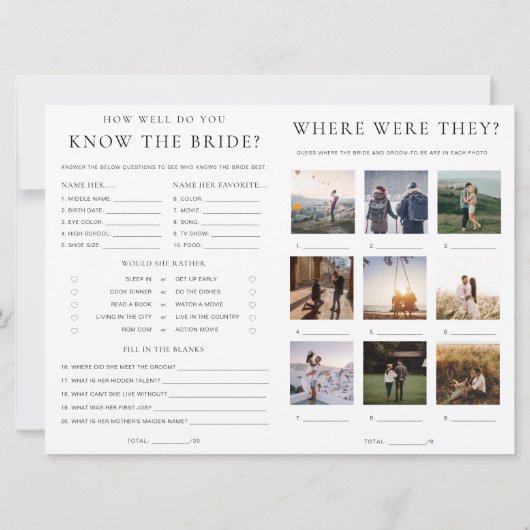 Quinn Script Bridal Shower Game and Menu Booklet Kaart (Achterkant)