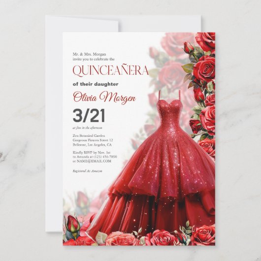 Quintencera Glam Red Dress Party Uitnodigen Bedankkaart (Voorkant)
