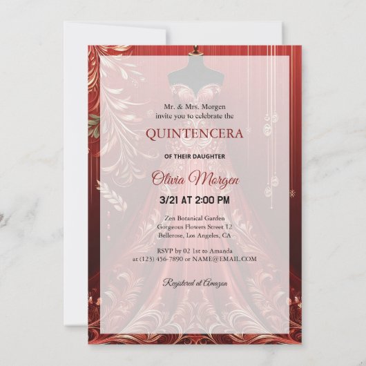 Quintencera Glam Red Dress Verjaardagsfeest Uitnod Bedankkaart (Achterkant)