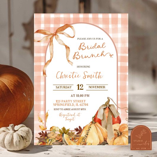 Quirk Gingham Plaid Bow Pumpkin Bruids Brunch Kaart