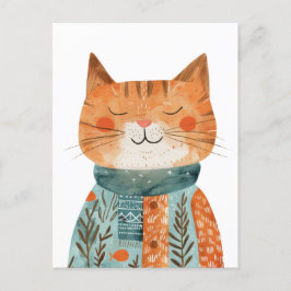 Quirky Antropomorphic Cat Waterverf Illustratie Briefkaart