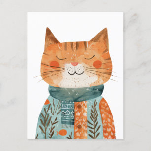 Quirky Antropomorphic Cat Waterverf Illustratie Briefkaart