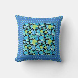 Quirky Blue Moons, Polka Dots on Black Kussen