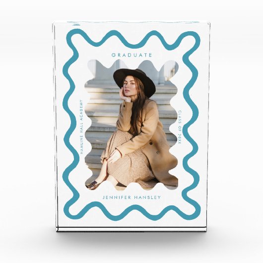 Quirky Blue Wavy Line Afstuderen Keepsake Fotoblokken (Voorkant)