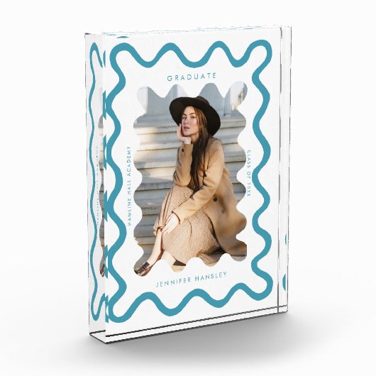 Quirky Blue Wavy Line Afstuderen Keepsake Fotoblokken (Links)
