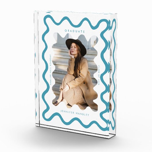 Quirky Blue Wavy Line Afstuderen Keepsake Fotoblokken (Rechts)