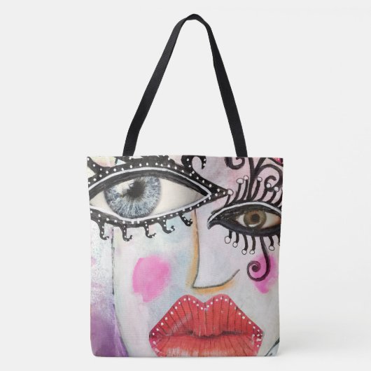 Quirky Bold Collage Art Graffiti Eyes Lips Bright Tote Bag (Voorkant)