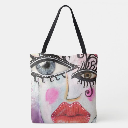 Quirky Bold Collage Art Graffiti Eyes Lips Bright Tote Bag (Achterkant)