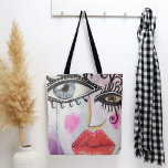 Quirky Bold Collage Art Graffiti Eyes Lips Bright Tote Bag<br><div class="desc">Deze leuke, kleurrijke canvas tas die is ontworpen met mijn originele, collage stijl kunstwerk met gedurfde rode lippen en bizarre ogen en met poppen neonroze, zwarte en witte design, paars, blauw, en een beetje een graffiti gevoel is perfect voor elke keer dat je onderweg bent. Neem het boodschappen, vul het...</div>