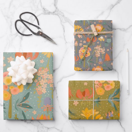 Quirky Botanicals 3 verpakking Gift Wrap Inpakpapier Vel (Voorkant)