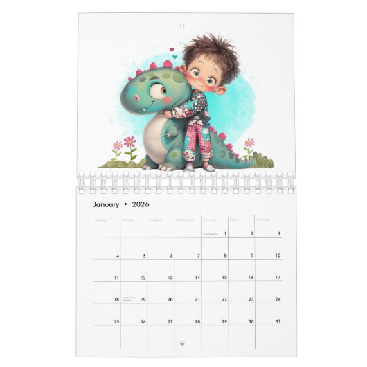 Quirky Boy & Dinosaur Cartoon Kalender (Jan 2026)