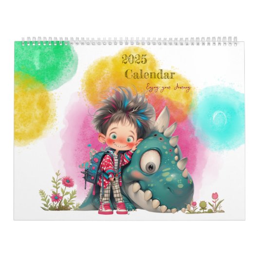 Quirky Boy & Dinosaur Cartoon Kalender (Hoes)