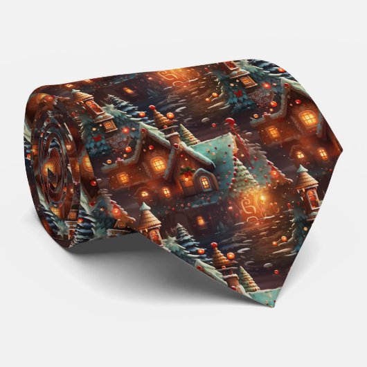 Quirky Brown and Blue Gingerbread House Pattern Stropdas (Opgerold)