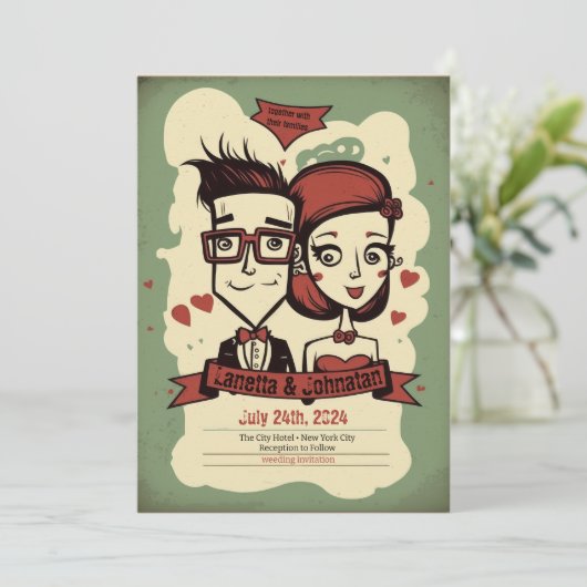 Quirky bruiloft nodigt uit voor bruiloft kaart (Staand voorkant)