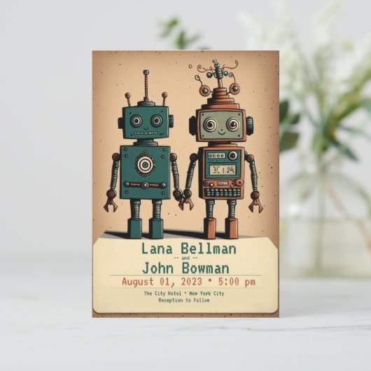 Quirky bruiloft-uitnodigingen met robots kaart (Staand voorkant)