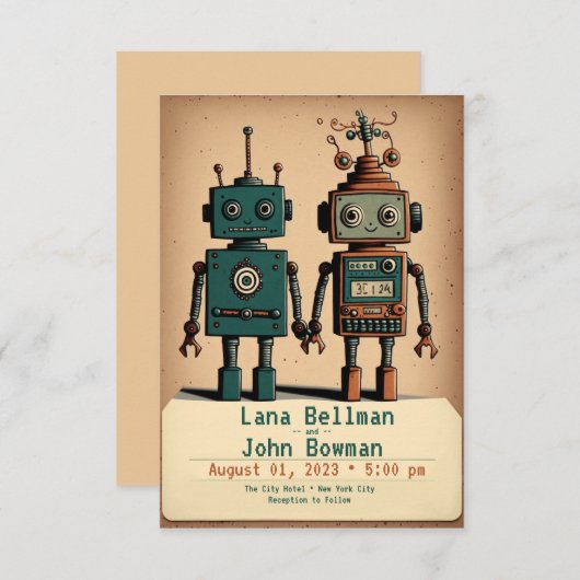 Quirky bruiloft-uitnodigingen met robots kaart (Voorkant / Achterkant)