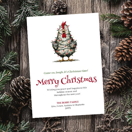 Quirky cartoon chicken Christmas greeting card Feestdagenkaart