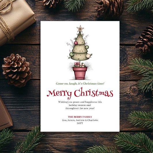 Quirky cartoon Christmas tree greeting card Feestdagenkaart