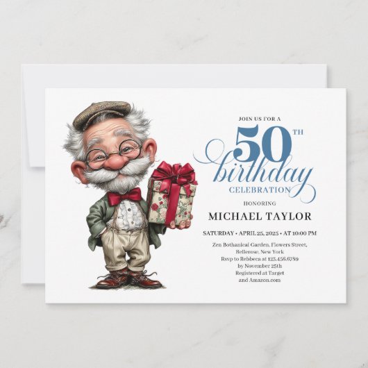 Quirky Cartoon Man 50th Birthday Humor Invite Kaart (Voorkant)