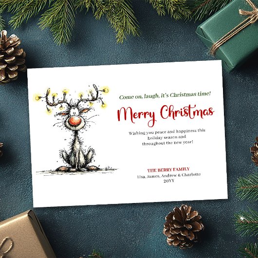 Quirky cartoon reindeer Christmas greeting card Feestdagenkaart