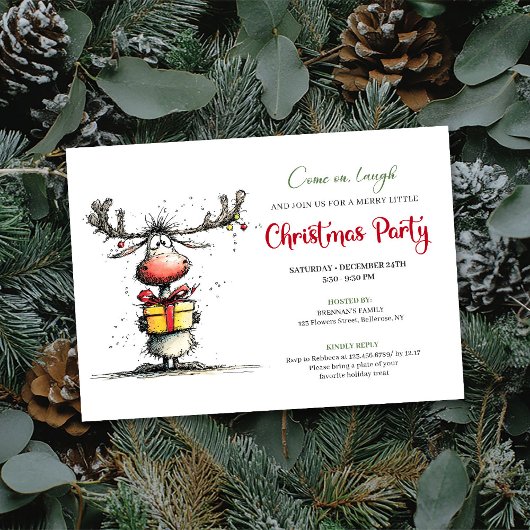 Quirky cartoon reindeer Christmas party invite Kaart