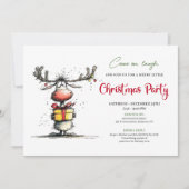 Quirky cartoon reindeer Christmas party invite Kaart (Voorkant)