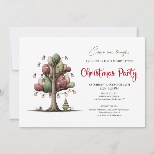 Quirky cartoon tree Christmas party invitation Kaart (Voorkant)