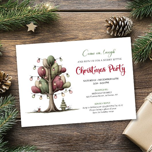 Quirky cartoon tree Christmas party invitation Kaart