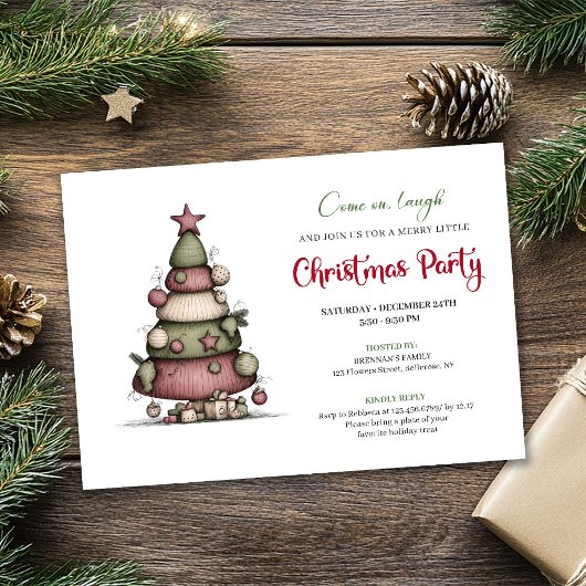 Quirky cartoon tree holiday printable invitation kaart