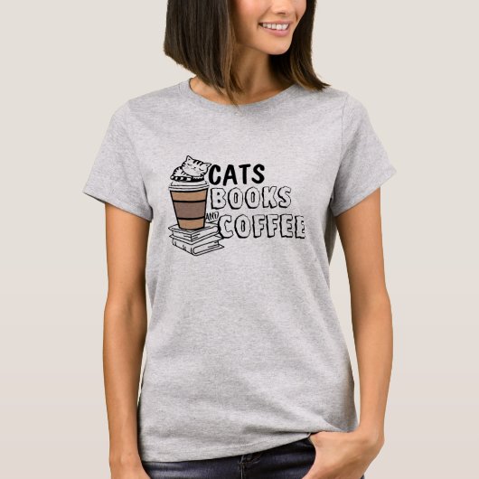 Quirky Cat Lover T-shirt - Katten, Boeken en Koffi (Voorkant)