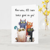Quirky Cats with Big Eyes 100th Birthday Greeting Kaart (Gele Bloem)
