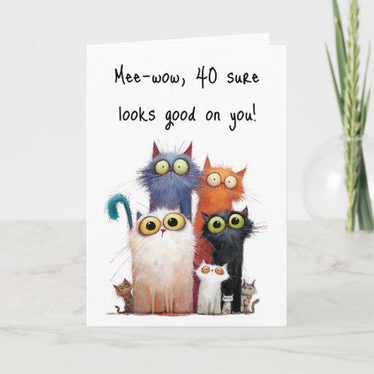 Quirky Cats with Big Eyes 40th Birthday Greeting Kaart (Voorkant)