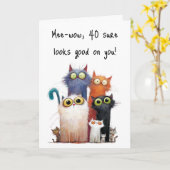 Quirky Cats with Big Eyes 40th Birthday Greeting Kaart (Gele Bloem)