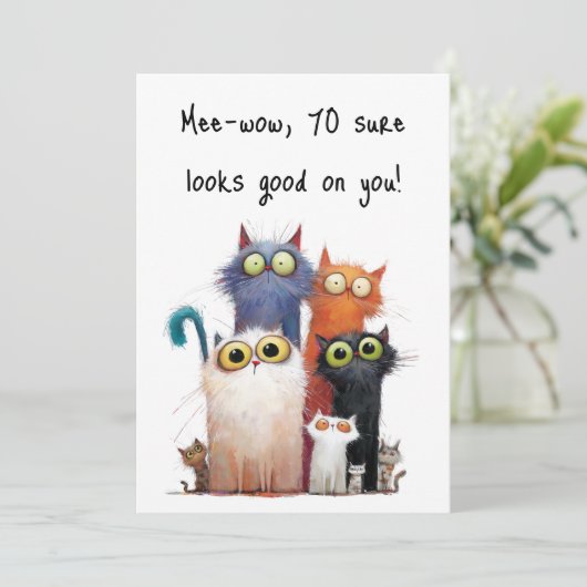 Quirky Cats with Big Eyes 70th Birthday Flat Kaart (Staand voorkant)