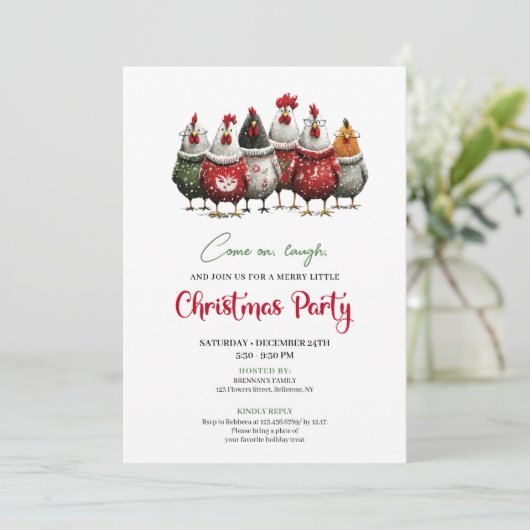 Quirky Chickens Cartoon Christmas Party Invitation Kaart (Staand voorkant)