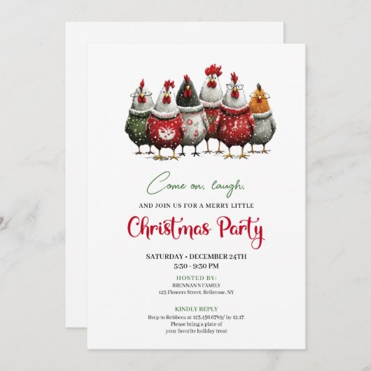 Quirky Chickens Cartoon Christmas Party Invitation Kaart (Voorkant / Achterkant)