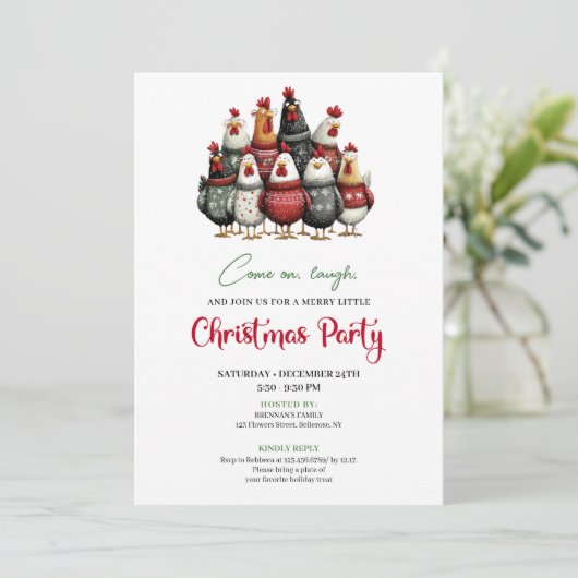 Quirky Chickens Funny Holiday Celebration Invite Kaart (Staand voorkant)