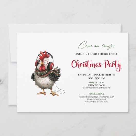 Quirky Chickens Red Green Holiday Party Invitation Kaart (Voorkant)
