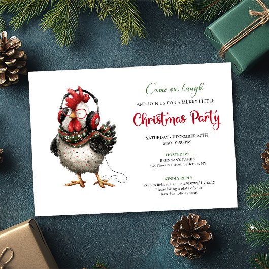 Quirky Chickens Red Green Holiday Party Invitation Kaart