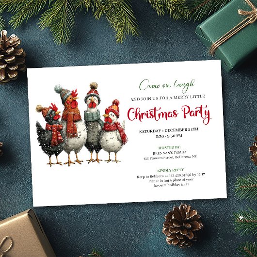 Quirky Chickens Watercolor Christmas Party Invites Kaart