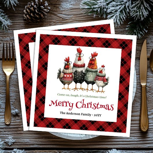 Quirky Christmas chickens napkin set custom name Servet