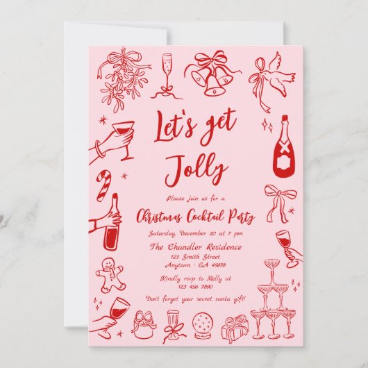 Quirky Christmas Cocktail Party Invitation Doodle Kaart (Voorkant)