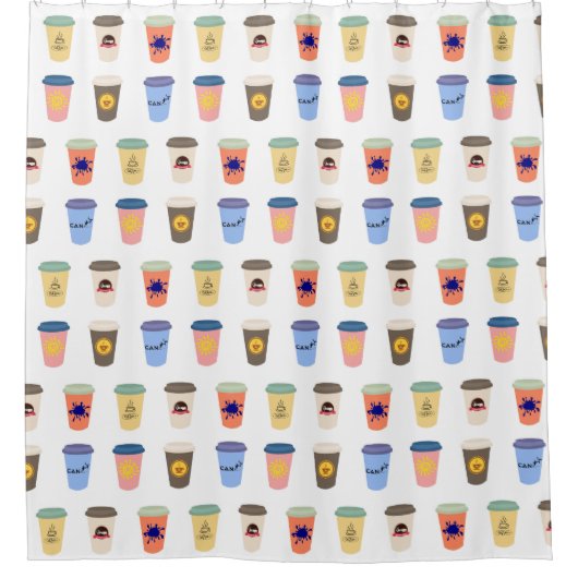 Quirky Coffee Lovers Take-Away Cups Pattern Douchegordijn (Voorkant)