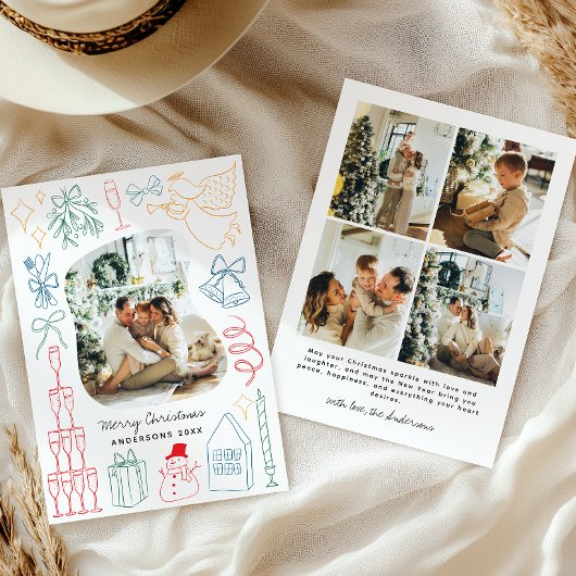 Quirky Colorful Christmas Photo Hand drawn Doodle Feestdagenkaart