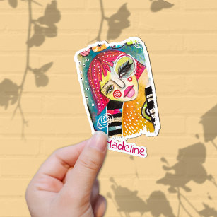 Quirky Colorful Girl Whimsical Pink Hair Voeg naam Sticker